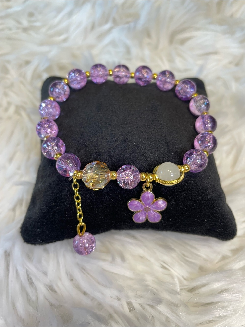 Purple Floral Crackle Bead Charm Bracelet
